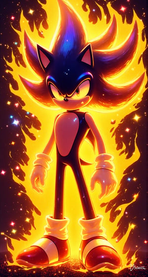 Sonic burning with fire,glowing,bright,luminous skin,glowing brightly,warm light,radiant,soft,glowing skin and vibrant, luminous features,glowing visual effects,glowing particles,neon