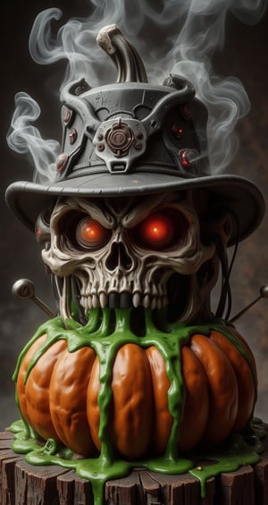 a beautiful pumpkin, with big mortise eyes, a mortise mouth, green gel liquid flows from the mouth, a lot of smoke, a steel hat lies on a rust-colored pumpkin 