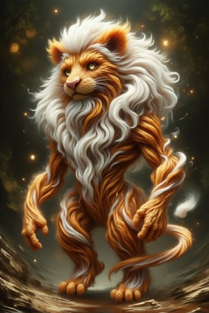 

realistic waist up portrait of friendly mythical auburn lion like creature, soft glowing white hair, intricate features, subsurface scattering, natural background, studio portrait, soft light, bokeh, painterly