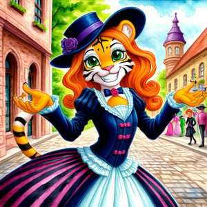 Abigail Larson style, anthropomorphic cheerful tiger, dynamic pose, striped suit, jaunty hat, whimsical, Victorian Gothic fashion elements, quaint cobblestone street background, exaggerated expressions, characteristic elongated limbs, vibrant colors with a macabre twist, fanciful attire, ink and watercolor texture, detailed face with a wide grin, playful yet elegant posture
