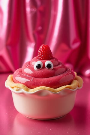 a raspberry-colored sweet pie, in a cream bowl with big eyes, stands on the table, against a background of glamorous color  