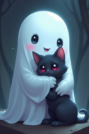 GhostlyStyle, an adorable chubby friendly ghost, hugging a little black zombie kitten, digital art, super chubby cute