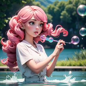 a beautiful girl with pink hair.curls. blowing soap bubbles against the background of the lake. stylization,hyperdetalization,16k