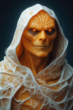 Create a detailed portrait of a humanoid figure with a textured orange peel-like skin,
sharp features, and intense, glowing eyes.The figure is partially cloaked in translucent, white layers resembling the
inner membrane of an orange, with intricate patterns. The mood is eerie and otherworldly, with a focus on texture and
realism. bg starry night sky,Orange.Kiko,Digital Illustration 