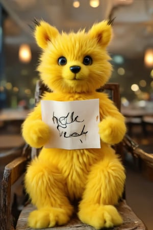 A beautiful yellow animal sitting on a chair and holding a piece of paper with its paws, "hello friend" is written on the paper in ink