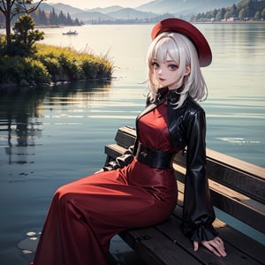 A beautiful girl with white hair, a red silk hat on her head, is sitting on a bench near the lake. stylization,16k,hyperdetalization,composition