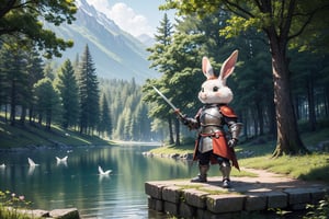 An anthropomorphic rabbit in an iron knight costume, stands near a forest, next to a lake, birds are flying around. stylization,hyperdetalization,16k, composition