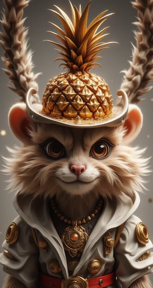 a fluffy animal with big eyes, on his head a hat in the form of a pineapple, sprinkled with gold jewelry, a lot of glitter