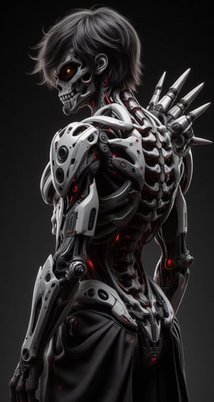 cyborg man fusion of human and skeletal machinery.  black hair and gold eyes. Pale skin contrasting with dark mechanical parts. Body partially covered in intricate bone-like structures and cybernetic enhancements. Skull motifs integrated into design. Long, claw-like fingers and sharp bone protrusions along arms and back. Ribcage visible, merging with technological components. Lower body features a mix of human legs and skeletal machine parts. Tattered black clothing partially covering body. Eerie, otherworldly aura. Pose emphasizing the melding of organic and mechanical elements. Dark background with subtle tech interface elements. Hyperdetailed textures of bone, metal, and circuitry. Color scheme primarily black, white, and grey with occasional red accents.,LinzExoboneRobot,Skeleton,Wukong