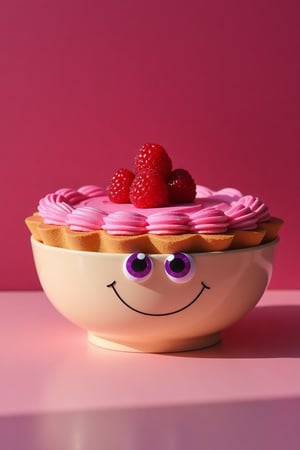 a raspberry-colored sweet pie, in a cream bowl with big eyes, stands on the table, against a background of glamorous color  