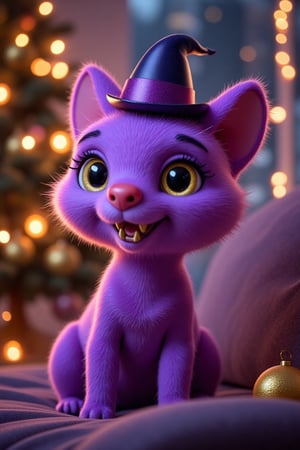 a lovely cute purple animal, big eyes, golden fangs sticking out of his mouth, on his head is a hat in the form of a cylinder, with a purple canticle around. He is sitting on a chair in a large room, next to the chair there are many gold ornaments, New Year's toys,glowing,bright,luminous skin,glowing brightly,warm light,radiant,soft,glowing skin and vibrant, luminous features,glowing visual effects,glowing particles,neon