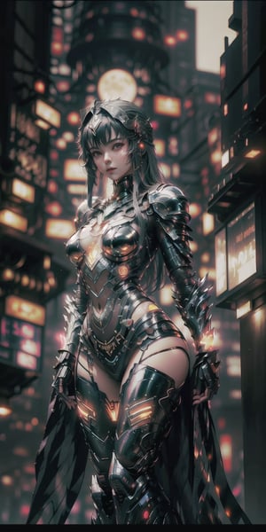 Sexy Pose, (masterpiece+best quality),(solo), 1 Japanese Girl, white hair , (high sexual attraction,long hair), in the dark night, (wearing sexy black transparent plastic Indian dress + body implants) , moon , highly detailed background of ancient Indian achitechture+with neon lights ,ink,Cyberpunk,Enhance,Armor
