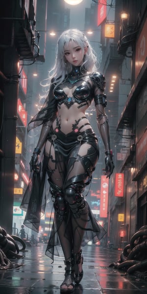 Sexy Pose, (masterpiece+best quality),(solo), 1 Japanese Girl, white hair , (high sexual attraction,long hair), in the dark night, (wearing sexy black transparent plastic Indian dress + body implants) , moon , highly detailed background of ancient Indian achitechture+with neon lights ,ink,Cyberpunk,Enhance