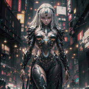 Sexy Pose, (masterpiece+best quality),(solo), 1 Japanese Girl, white hair , (high sexual attraction,long hair), in the dark night, (wearing sexy black transparent plastic Indian dress + body implants) , moon , highly detailed background of ancient Indian achitechture+with neon lights ,ink,Cyberpunk,Enhance,Armor
