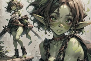 Masterpiece, beautiful, Incredibly detailed, 1 girl, small, sniper, goblin, Anime Eyes, Detailed Eyes, full body, 1 woman, full body, whole body, full_body (This woman is a small cute goblin who wears goggles on top of her brown shaggy hair, her outfit has many belts and buckles. Her eyes are bright pink and her skin is green. She has two large goblin ears adorned with earrings, She sits at a desk holding an old fashioned musket) Add more details, whole body,1girl, looking at viewer, black hair, white background, soft face, soft lips, ((green skin:1)), colored skin, (green) (very detailed face), goggles, leather_clothes, gun, musket, goblin_girl, 