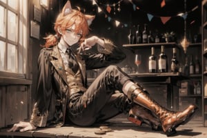 Masterpiece, beautiful, Incredibly detailed, 1 boy, small, rouge, thief, cat ears, Anime Eyes, Detailed Eyes, full body, 1 man, full body, whole body, full_body (This man is a cat boy that has orange hair that's in a low ponytail with brown cat ears on top of his head, he wears all black, his eyes are yellow, glowing with light, he has brown boots on and has a grumpy expression, He sits at a tavern stool flipping a coin) Add more details, whole body)