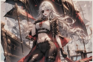 A striking woman stands at the bow of a pirate ship. Her skin is tanned from years at sea, she has long wavy flowing silver hair that is parted in the middle and reaches down to her hips. She wears pirate regalia with a flowy white shirt and black pants. She holds a cutlass in her hand. She exudes a cocky energy, her mouth set in a smirk adorned in red lipstick. She wears an eyepatch on her right eye. She has a mature face with bags under her eyes. She wears thick leather gloves and thigh-high brown leather boots to match. Her red eye stands out against her silver hair. 