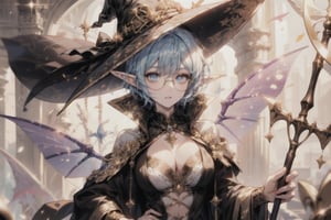 Masterpiece, beautiful, Incredibly detailed, 1 girl, Anime Eyes, Detailed Eyes, full body, 1 woman, (This woman has blue short hair, pixie wings and wears a witches hat. Her eyes are brown and she has large gold circular glasses. She wears a witches robe and hold a wooden twisting staff in her hand. On her hip she wears a spellbook) Add more details, elf ears, elf_ears