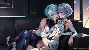  two girls Neon Genesis Evangelion Ayanami Rei, sitting on a couch Kissing, tongue_kissing Neon Genesis Evangelion Asuka Shikanami 