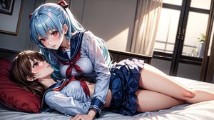 lesbian, 2girls, first girl is Ayanami Rei tall, has short blue hair with red eyes, second girl is Asuka Langley Soryu, very tall, has long brown hair, red eyes, kissing, room, bed, school_uniform, light green skirts, (masterpiece)