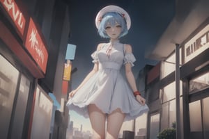 4k. High resolution. Neon Genesis Evangelion Ayanami rei, sexy face, light blue hair, short hair, hair down, hair in wind, red eyes, standing, hands behind body, lace dress, long white dress covers knees, knee length dress, red high heel shoes, skinny legs, very skinny waist, yellow watch on wrist, holding a book, night time city convenience store.  wearing a hat