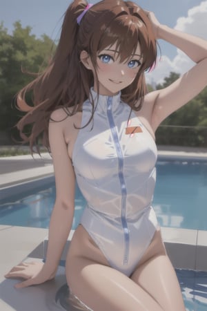 Neon Genesis Evangelion Asuka, sexy face, light brown hair, blue eyes, Blue eye, Blue iris, skinny legs, skinny waist, sunglasses on top head, sitting beside the swimming pool, long brown hair, Topless, naked, medium breasts, abs, very skinny body, long legs, smiling, wet, legs in water, sexy legs, 3D,skinny,masterpiece,score_9,highres,(masterpiece