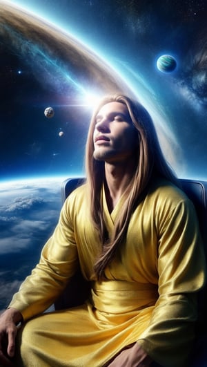 young man, solo, long hair,Sit on the grass,forest,outdoor,(insanely detailed, beautiful detailed face, masterpiece, best quality) cinematic lighting,Spiritual master,brown hair,  brown eyes, A gold summer gown, Straight hair,trousers,boy,Venusian,On the ship,Spiritual aura,High latitude,Highly evolved people,Interstellar human,Chakra cosmic energy,Fifth dimension,1man,planet,Pink love Energy,Aether,Higher self,elegant,The source of consciousness is inner Zen,modesty, Overhead beams reach the sky