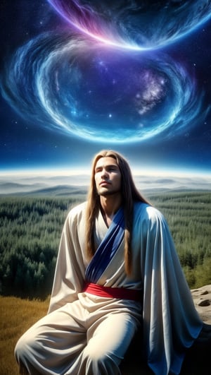 young man, solo, long hair,Sit on the grass,forest,outdoor,(insanely detailed, beautiful detailed face, masterpiece, best quality) cinematic lighting,Spiritual master,brown hair,  brown eyes, A gold summer gown, Straight hair,trousers,boy,Venusian,On the ship,Spiritual aura,High latitude,Highly evolved people,Interstellar human,Chakra cosmic energy,Fifth dimension,1man,planet,Pink love Energy,Aether,Higher self,elegant,The source of consciousness is inner Zen,modesty, Overhead beams reach the sky