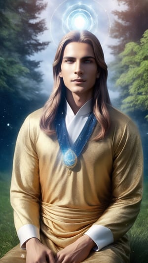 young man, solo, purple eyes, long hair,Sit on the grass,sitting,forest,outdoor,(insanely detailed, beautiful detailed face, masterpiece, best quality) cinematic lighting,Spiritual master,brown hair,  brown eyes, A gold summer gown,  Straight hair,trousers,boy,mikas,DonMSn0wM4g1c,LiluCinnamon,scar ,Venusian,On the ship,Spiritual aura,High latitude,Highly evolved people,Interstellar human,Chakra cosmic energy,Fifth dimension,1man,planet,Pink love Energy,Aether,Higher self,elegant,The source of consciousness is inner Zen,modesty
