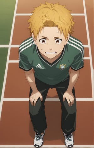 score_9, score_8_up, score_7_up, masterpiece, best quality, amazing quality, best aesthetic, cute, 18 years old, solo, solo focus, shivering, AKIHIKO NIREI, blonde hair, brown eyes, faceless, full body, male focus, soccer uniform , freckles, school yard, standing, shirt lift, wet body, sit, chest exposed