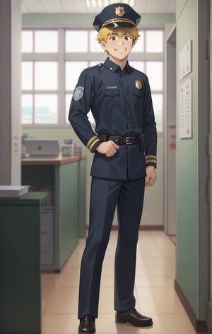 score_9, score_8_up, score_7_up, masterpiece, best quality, amazing quality, best aesthetic, cute, 18 years old, solo, solo focus, shivering, AKIHIKO NIREI, blonde hair, brown eyes, police suit, smile, full body, male focus, office, police cap, freckles, military greeting, 
standing