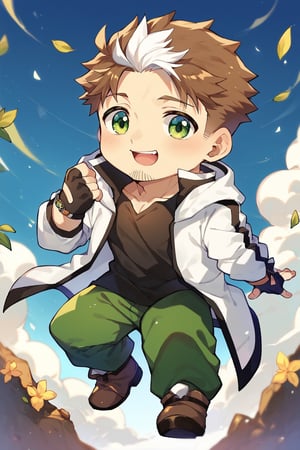 score_9, score_8_up, score_7_up, cute, masterpiece, best quality, best aesthetic, 1boy, solo, male focus, chibi, chibi style, full_body, beryl, (two-tone hair, white hair, brown_hair,) green eyes, facial hair, white_jacket, black shirt, green pants, boots, fingerless_glove, 