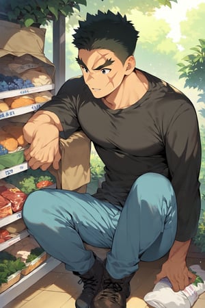 score_9, score_8_up, score_7_up, cute, masterpiece, best quality, best aesthetic, 1boy, male focus, full_body, akatsukiiwao, black hair, short_hair, black eyes, thick eyebrows, scar on face, black shirt, blue pants, boots, shopping 