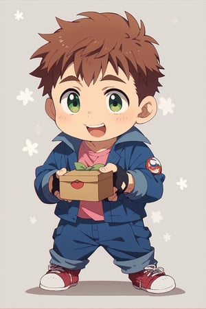 score_9, score_8_up, score_7_up, cute, masterpiece, best quality, best aesthetic,  1boy, solo, male focus, chibi, chibi style, full_body, ,shokichioka, green eyes, brown hair, pink shirt, blue jumpsuit, red sneakers, black_fingerless_glove, holding_box,