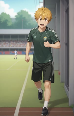 score_9, score_8_up, score_7_up, masterpiece, best quality, amazing quality, best aesthetic, cute, 18 years old, solo, solo focus, shivering, AKIHIKO NIREI, blonde hair, brown eyes, faceless, full body, male focus, soccer uniform , freckles, school yard, standing, shirt lift, wet body, running, chest exposed