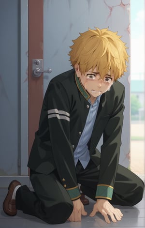 score_9, score_8_up, score_7_up, masterpiece, best quality, amazing quality, best aesthetic, cute, 18 years old, solo, solo focus, shivering, AKIHIKO NIREI, blonde hair, brown eyes, school_uniform, shy, full body, male focus, crying, wounds on the face
