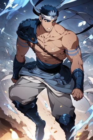 score_9, score_8_up, score_7_up, masterpiece, best quality, best aesthetic, perfect anatomy, perfect proportions, bara, high_resolution, uncensored, 1boy, solo, male focus, full_body, cayman, facial hair, blue hair, blue eyes, 