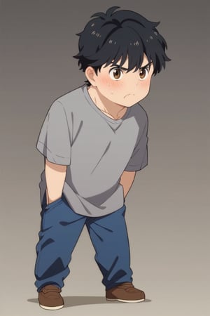 score_9, score_8_up, score_7_up, masterpiece, best quality, best aesthetic, perfect anatomy, perfect proportions, high_resolution, uncensored, 1boy, full body,chibi,chibi style, more detail XL, eiji okumura, black hair, brown eyes, grey shirt, blue pants, angry