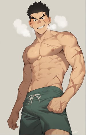 score_9, score_8_up, score_7_up, masterpiece, best quality, best aesthetic, 30 years old, solo, male focus, black hair, black eyes, full_body, akatsukiiwao, short_hair, thick eyebrows, scar on face, only underwear, boxer_shorts, scar on right eyebrow, dirty smile, wet body, heavy breathing