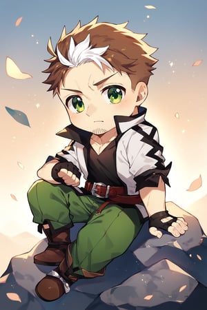 score_9, score_8_up, score_7_up, cute, masterpiece, best quality, best aesthetic, 1boy, solo, male focus, chibi, chibi style, full_body, beryl, (two-tone hair, white hair, brown_hair,) green eyes, facial hair, white_jacket, black shirt, green pants, boots, fingerless_glove, serious, sit on rock