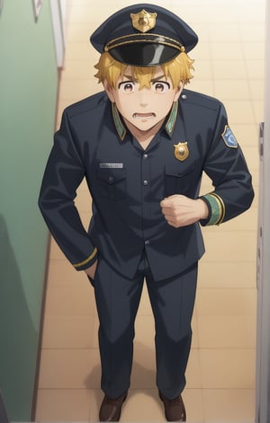 score_9, score_8_up, score_7_up, masterpiece, best quality, amazing quality, best aesthetic, cute, 18 years old, solo, solo focus, shivering, AKIHIKO NIREI, blonde hair, brown eyes, police suit, smille, full body, male focus, office, police cap, freckles, military greeting, 
standing