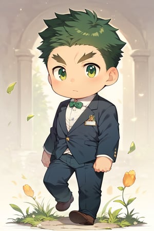 score_8_up, score_7_up, cute, masterpiece, best quality, best aesthetic, 1boy, solo, male focus, chibi, chibi style, full_body, akatsukiiwao, short_hair, thick eyebrows, green eyes, dark green hair, suit, getting tired, walking