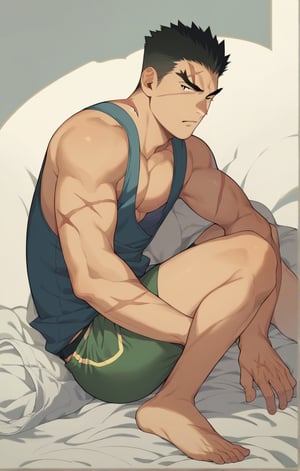 score_9, score_8_up, score_7_up, masterpiece, best quality, best aesthetic, 30 years old, solo, male focus, black hair, black eyes, full_body, akatsukiiwao, short_hair, thick eyebrows, scar on face, only underwear, boxer_shorts, scar on right eyebrow