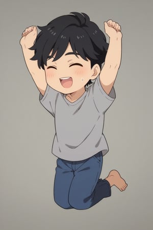 score_9, score_8_up, score_7_up, masterpiece, best quality, best aesthetic, perfect anatomy, perfect proportions, high_resolution, uncensored, 1boy, full body,chibi,chibi style, more detail XL, eiji okumura, black hair, brown eyes, grey shirt, blue pants, jumping, closed_eyes, happy,