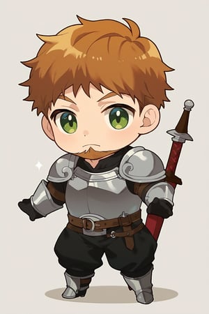 score_9, score_8_up, score_7_up, cute, masterpiece, best quality, best aesthetic,  1boy, solo, male focus, chibi, chibi style, full_body, hebaron, hebaron, facial_hair, armor, orange_hair, beard, shirt, black_pants, green_eyes, weapon