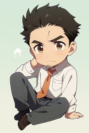 score_9, score_8_up, score_7_up, cute, masterpiece, best quality, best aesthetic,  1boy, solo, male focus, chibi, chibi style, katsuhirotakei, necktie, black hair, brown eyes, facial hair, full_body, sit , shirt, pants,