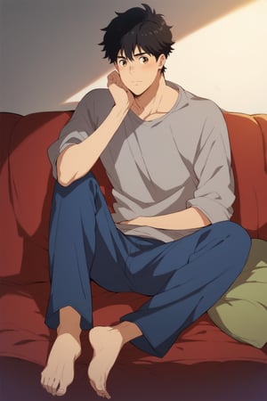 score_9, score_8_up, score_7_up, masterpiece, best quality, best aesthetic, perfect anatomy, perfect proportions, high_resolution, uncensored, 1 boy, solo, male focus, full body, eiji okumura, black hair, brown eyes, grey shirt, blue pants, on sofa,