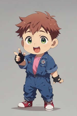 score_9, score_8_up, score_7_up, cute, masterpiece, best quality, best aesthetic,  1boy, solo, male focus, chibi, chibi style, full_body, ,shokichioka, green eyes, brown hair, pink shirt, (blue jumpsuit,) red sneakers, black_fingerless_glove, tongue, open mouth,