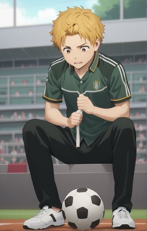 score_9, score_8_up, score_7_up, masterpiece, best quality, amazing quality, best aesthetic, cute, 18 years old, solo, solo focus, shivering, AKIHIKO NIREI, blonde hair, brown eyes, faceless, full body, male focus, soccer uniform , freckles, school yard, standing, shirt lift, wet body, sit, chest exposed