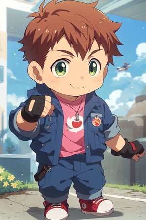 score_9, score_8_up, score_7_up, cute, masterpiece, best quality, best aesthetic,  1boy, solo, male focus, chibi, chibi style, full_body, ,shokichioka, green eyes, brown hair, pink shirt, blue jumpsuit, red sneakers, fingerless_glove, holding_object, package